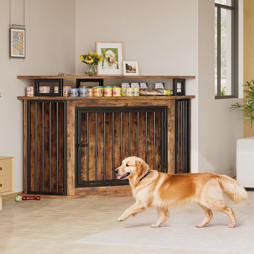 IRONCK 51" Corner Wooden Dog Crate Furniture with 2-Tier Shelves, Pet Kennel for Large Dogs, Space-Saving Dog Cage Indoor, Rustic Brown (26.7" L x 51.2" W x 33.5" H)