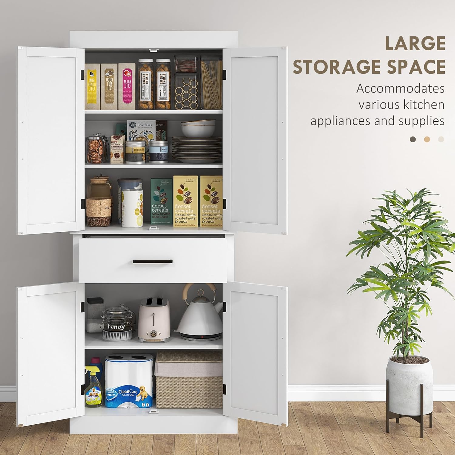 HOMCOM 72" Tall Kitchen Pantry Storage Cabinet, Farmhouse Freestanding Kitchen Cabinet with 4 Barn Doors, Drawer, 5-Tier Shelf and Adjustable Shelves, White