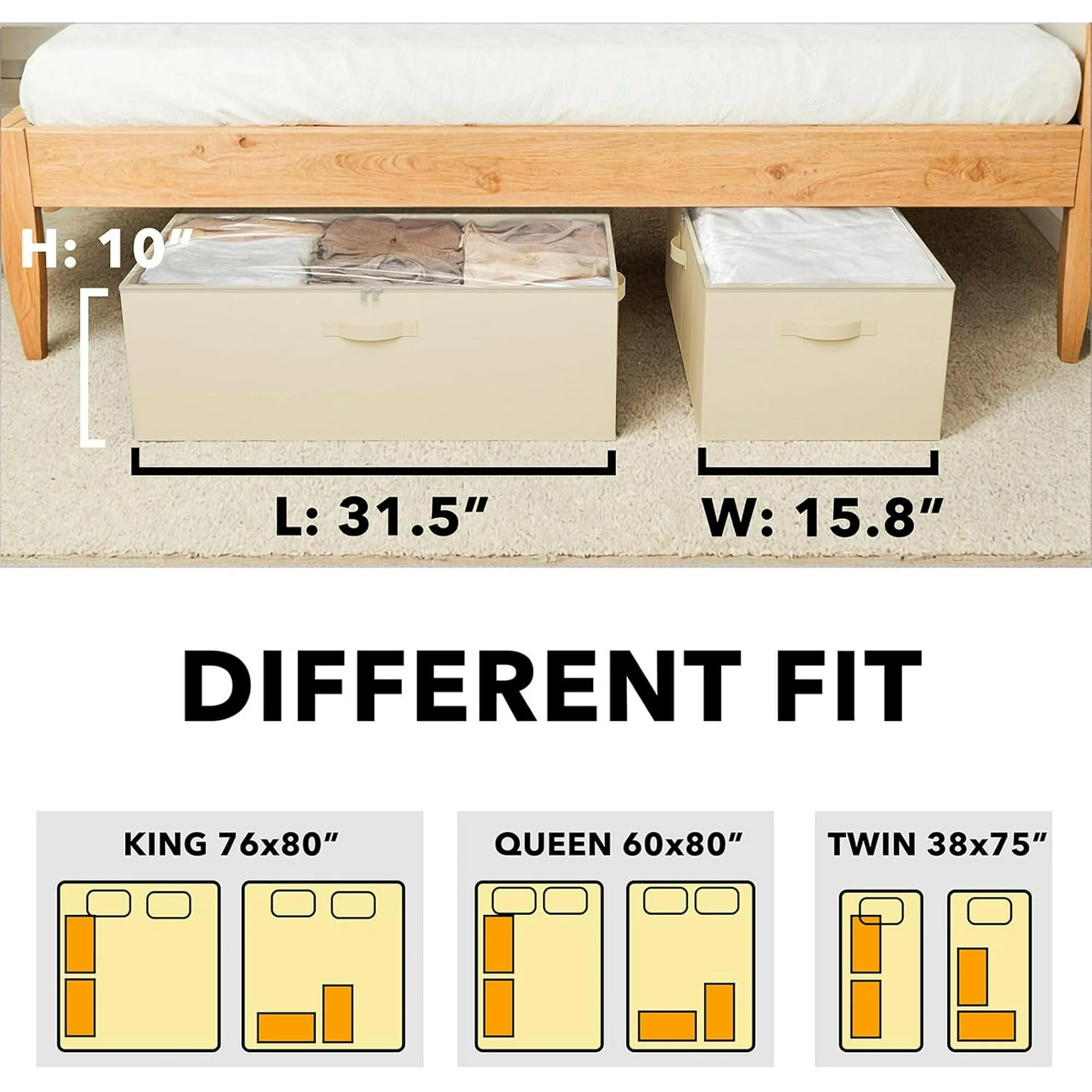 2 Pack 10 High Under Bed Storage Containers, Large Underbed Storage Organizer Bins with Lids for Bedroom, Dorm, Clothes, Closet Organization, Bed Sheets and Blankets (Beige)
