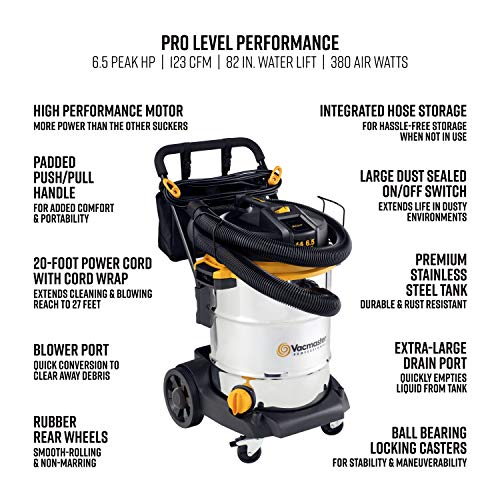 Vacmaster - Beast Professional Series 14 Gal. 6.5 HP Steel Tank Wet/Dry Vac with Cart (VJE1412SW0201)