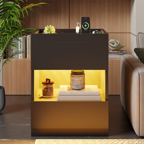 VIAGDO Set of 2 Nightstands with Charging Station and LED Lights, LED Night Stand Set 2 with 2 Drawers and Drawer Organizer, Modern Glass Top Bedside Tables, End Side Tables for Dorms, Bedrooms