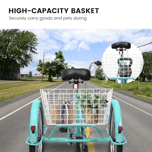 7 Speed Tricycle Single 3 Wheel Bike 24 Inch Trike with Bell Brake System and Basket Carbon Steel Cruiser Bicycles Large Size for Shopping Recreation Seniors Women Men