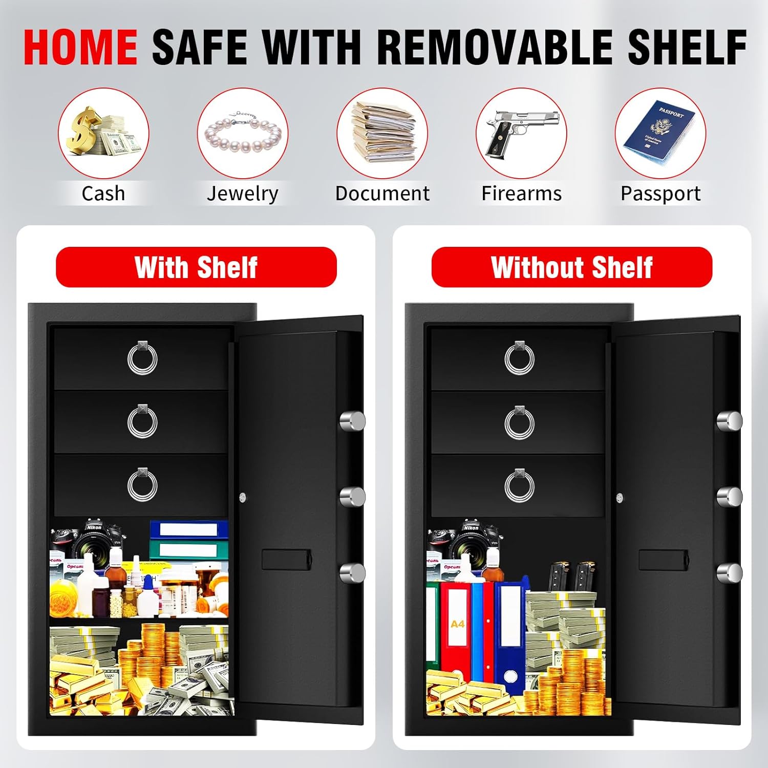 5.8 Cub Extra Large Fireproof Document Safe Box with Drawer for Home Office, Fire proof Safe with Anti-theft Smart Alert Digital Keypad and Key Lock Removable Shelf, Sensor Light