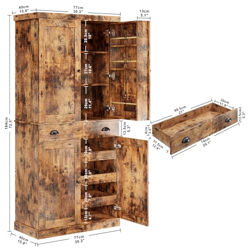 IRONCK Kitchen Pantry Cabinet with Sliding Storage Rack and 6 Hanging Shelves, 72" Height Tall Freestanding Cupboard for Living Room, Dining Room, Laundry, White