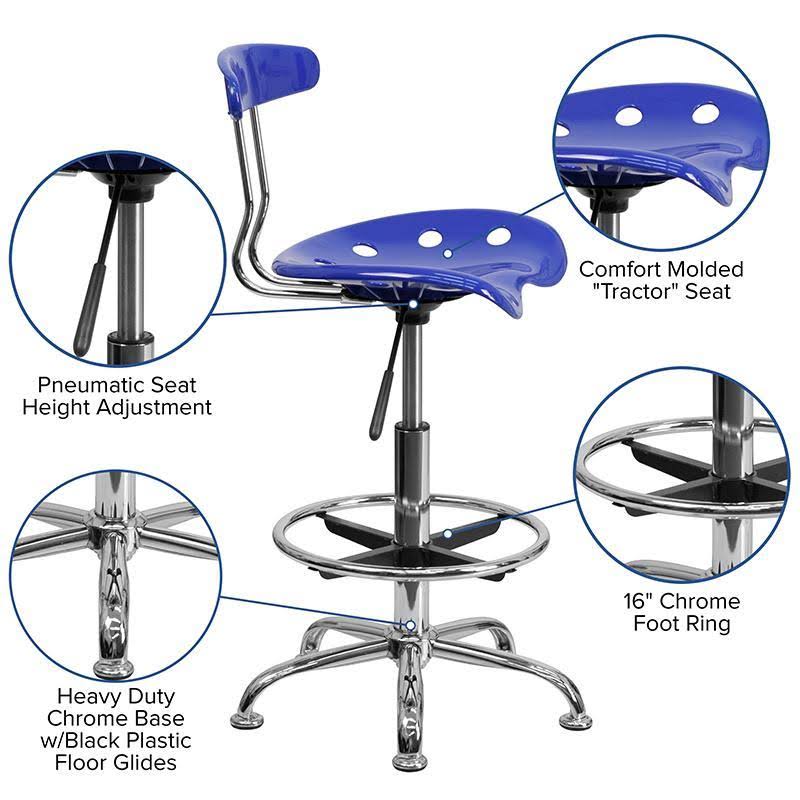 Vibrant Nautical Blue and Chrome Drafting Stool with Tractor Seat