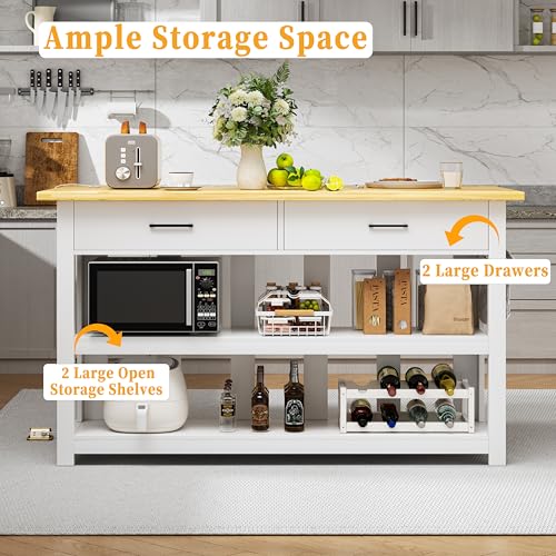 47.3" Solid Rubberwood Kitchen Island with Power Outlets - Extra Large Work Surface, 2 Drawers & Open Shelves Storage Cabinet for Kitchen Dining Room, Farmhouse Style (Grey)