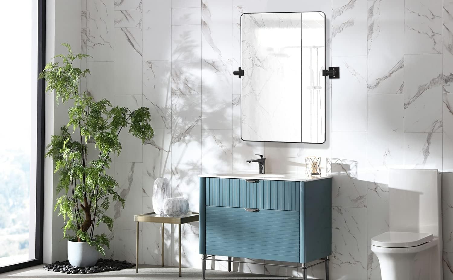 FOMAYKO 22" x 30" Black Aluminum Alloy Frame Pivot Rectangle Bathroom Mirror Tilting Rounded Corner Rectangular Vanity Mirror for Wall Decor