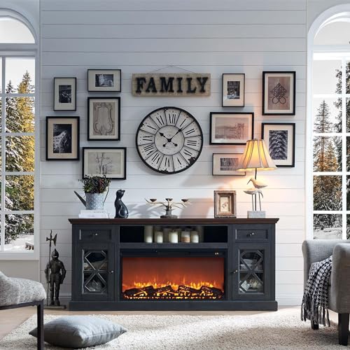 Farmhouse Fireplace TV Stand with 36" Electric Fireplace for 80 Inch TVs, 31" Tall Entertainment Center w/Drawer & Diamond Panel Door, Highboy Media Console for Living Room, 70inch, White