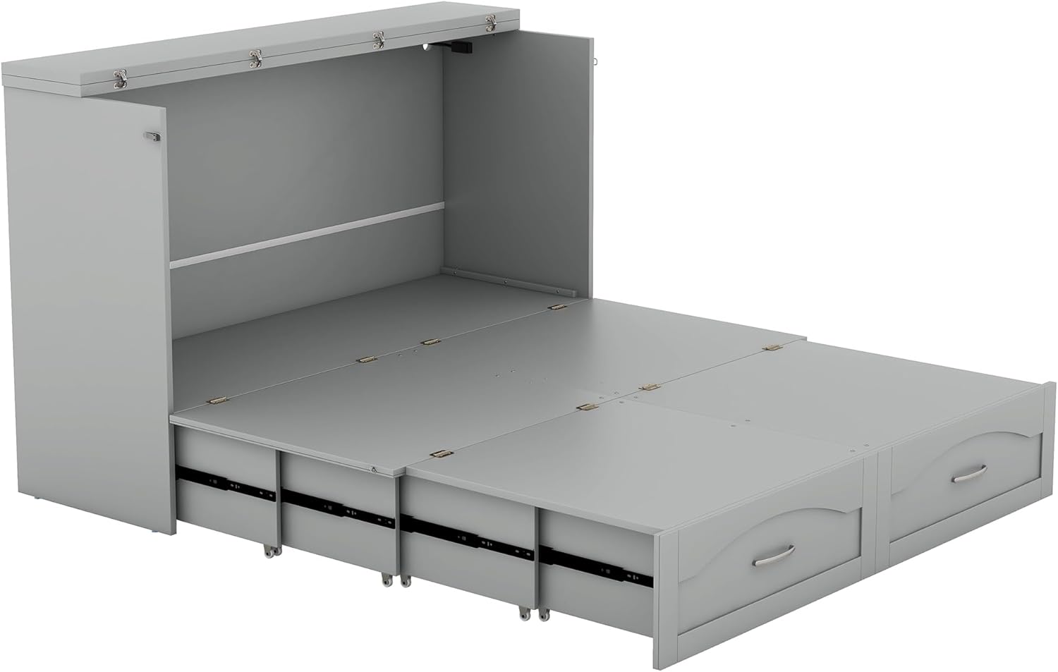 Queen Size Murphy Bed, Pulley Structure Cube Cabinet Platform Bedframe w/Storage Drawers & Sockets - USB Ports, Space-Saving Wall Bed for Guest Room, Office, No Box Spring Needed, Gray