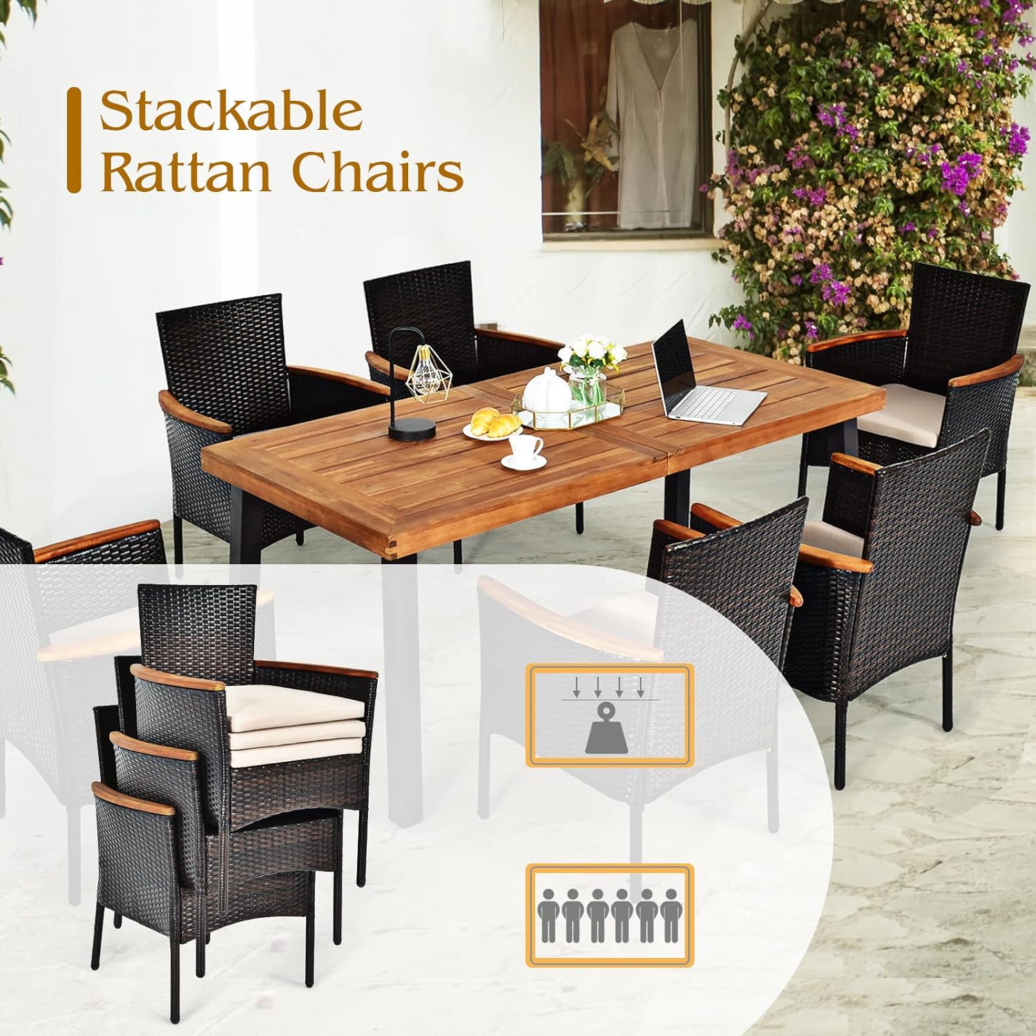 Tangkula 7 Pieces Patio Dining Set, Patiojoy Outdoor Conversation Set w/Acacia Wood Top Table & 6 Stackable Rattan Chairs, Wicker Dining Furniture w/Umbrella Hole, Steel Frame, Sponge Seat Cushions