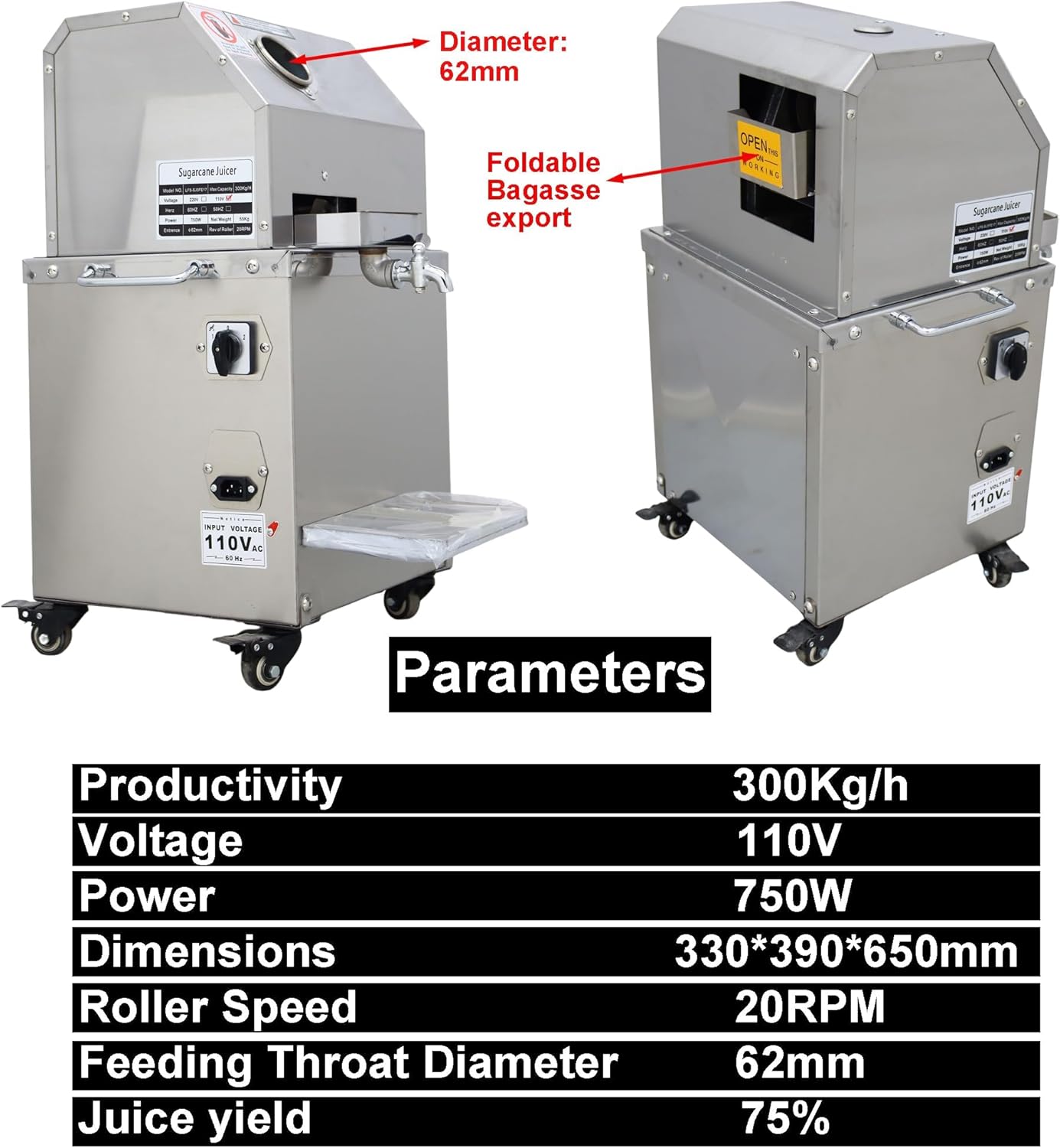 Sugar Cane Juicer Electric Sugarcane Press Vertical Sugar Cane Ginger Press Juicer Sugarcane Juice Extractor 3 Stainless Steel Rollers Juice Press Machine 300Kg/H with 2 Knives 110V