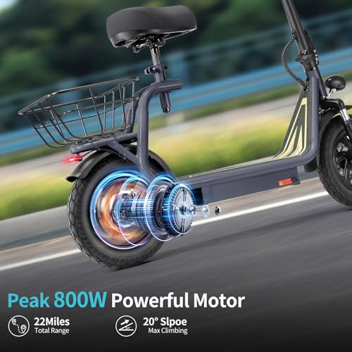 Caroma Peak 800W/1200W Electric Scooter Adults, 30 Miles Max Range, Foldable Electric Scooter with Seat, Front Suspension, Detachable Large Basket,Commuter E-Scooter for Adult and Teens