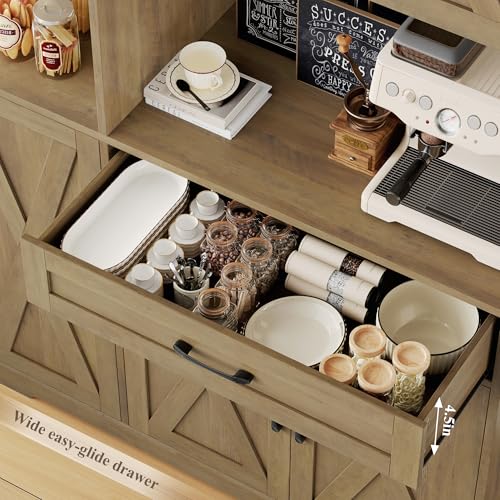 HOSTACK 71" Tall Kitchen Pantry Storage Cabinet, Farmhouse Food Pantry Cabinet with Microwave Stand, Barn Doors Kitchen Hutch with Large Drawer and Shelves for Dining Room, Ash Grey