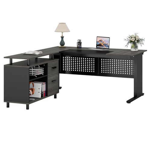Tribesigns 63 Inch Executive Desk with File Cabinet, Large Office Desk L Shaped Computer Desk with Drawers and Storage Shelves, Business Furniture Desk Workstation for Home Office, Gray and Black