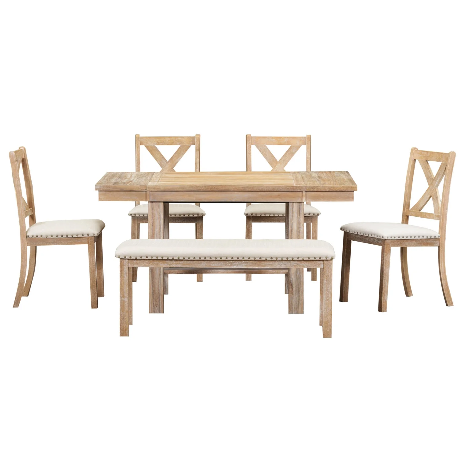 Churanty Farmhouse Extendable Dining Table Set for 6, Solid Wood Rectangular Kitchen Table Set with Removable Leaf,4 Upholstered Chairs and Bench, Natural