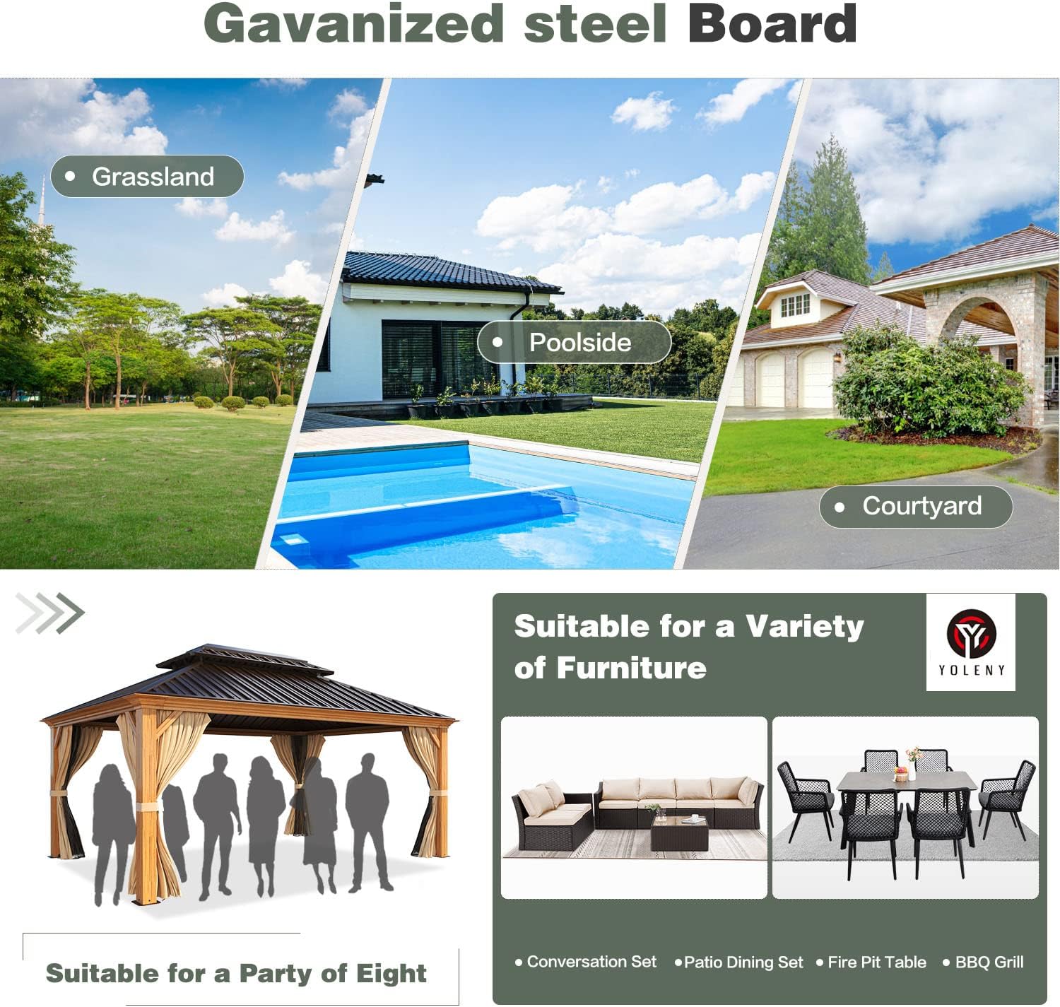 YOLENY 12' x 16' Gazebo, Hardtop Wood-Looking Gazebo with Galvanized Steel Double Roof, Aluminum Frame with Netting and Curtains for Deck, Backyard, Patio, Lawns