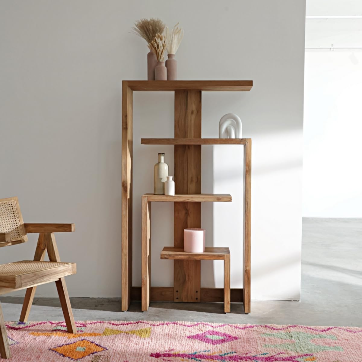 Handcrafted Solid Teakwood Bookshelf | FSC Certified Reclaimed Wood | Organic Natural Finish | Rustic Level 1 Low Distressed | 35.4" W x 11.8" D x 63" H | 130 lbs
