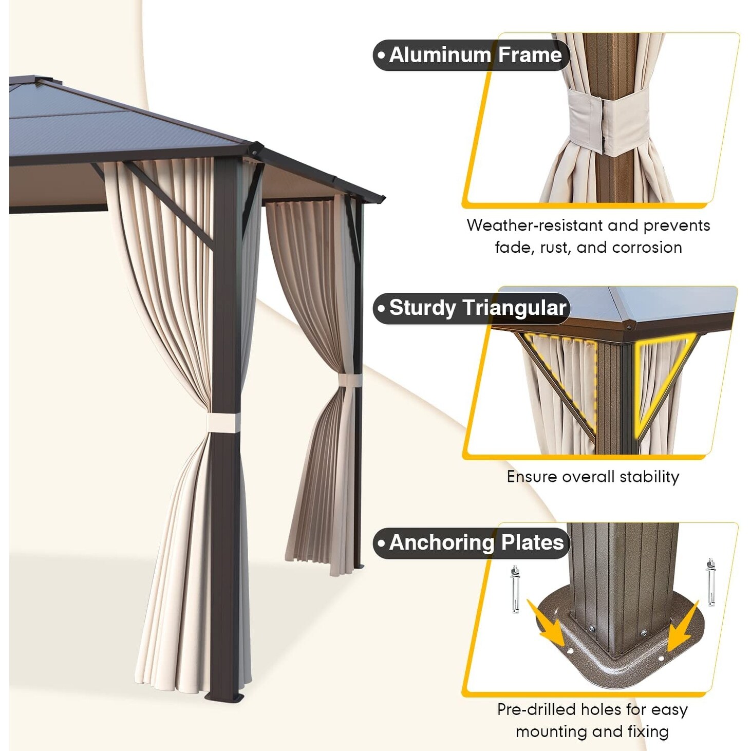 EROMMY Outdoor Double Roof Permanent Hardtop Gazebo Pergola with Prime Netting and Curtains Single Roof 10'x12'