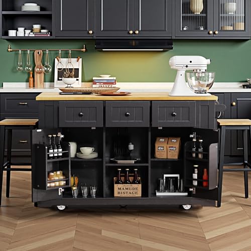 53" Rolling Large Kitchen Island Set with Power Outlet,Mobile Carts with Storage Cabinet,Extra Drop Leaf,3 Drawers and 5 Open Side Racks,Wood Table for Dining Room (Island & Stools)