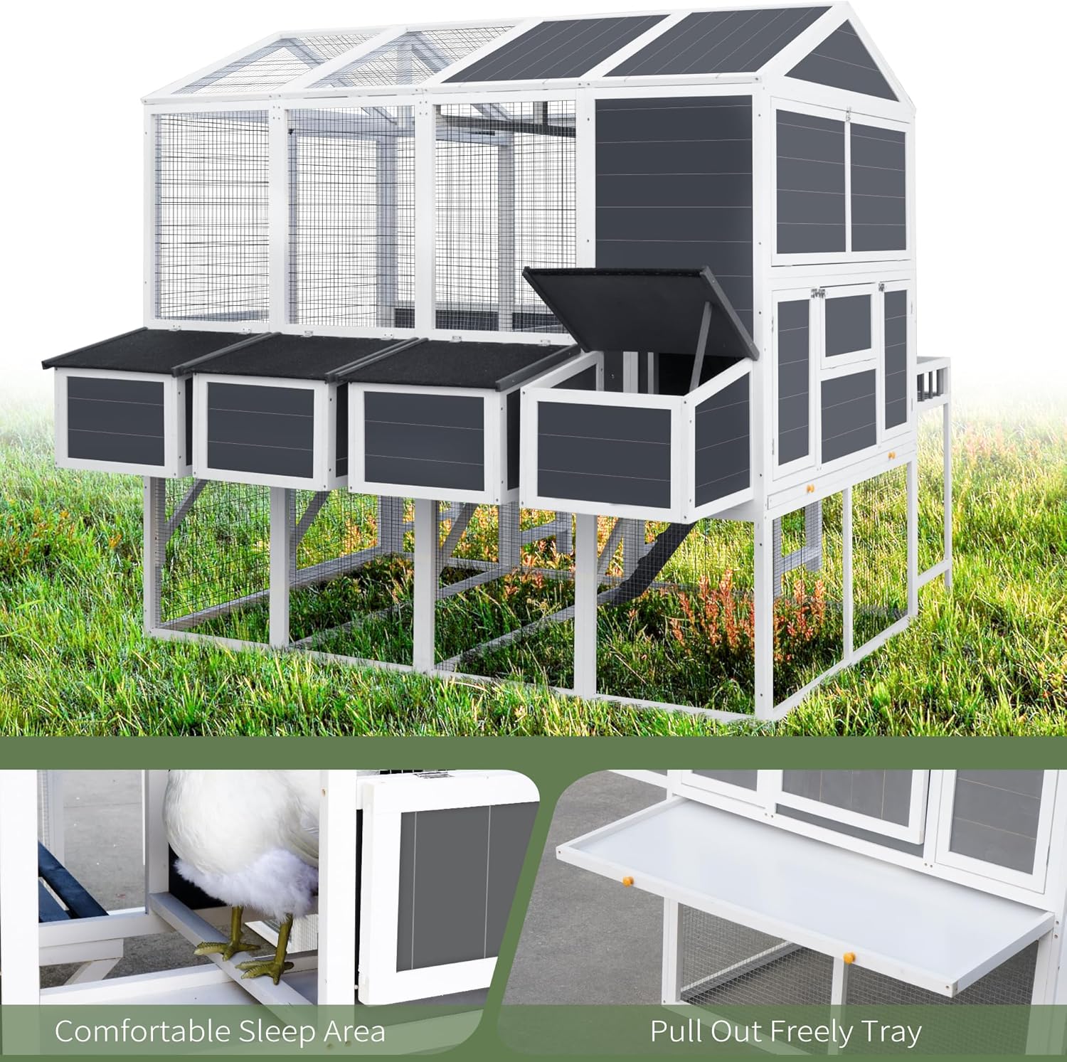95'' Large Chicken Coops for 10 Chickens, Wooden Walk-in Chicken House Outdoor Chicken Coop with 4 Nesting Box, 3-Tier Hen House Poultry Cage