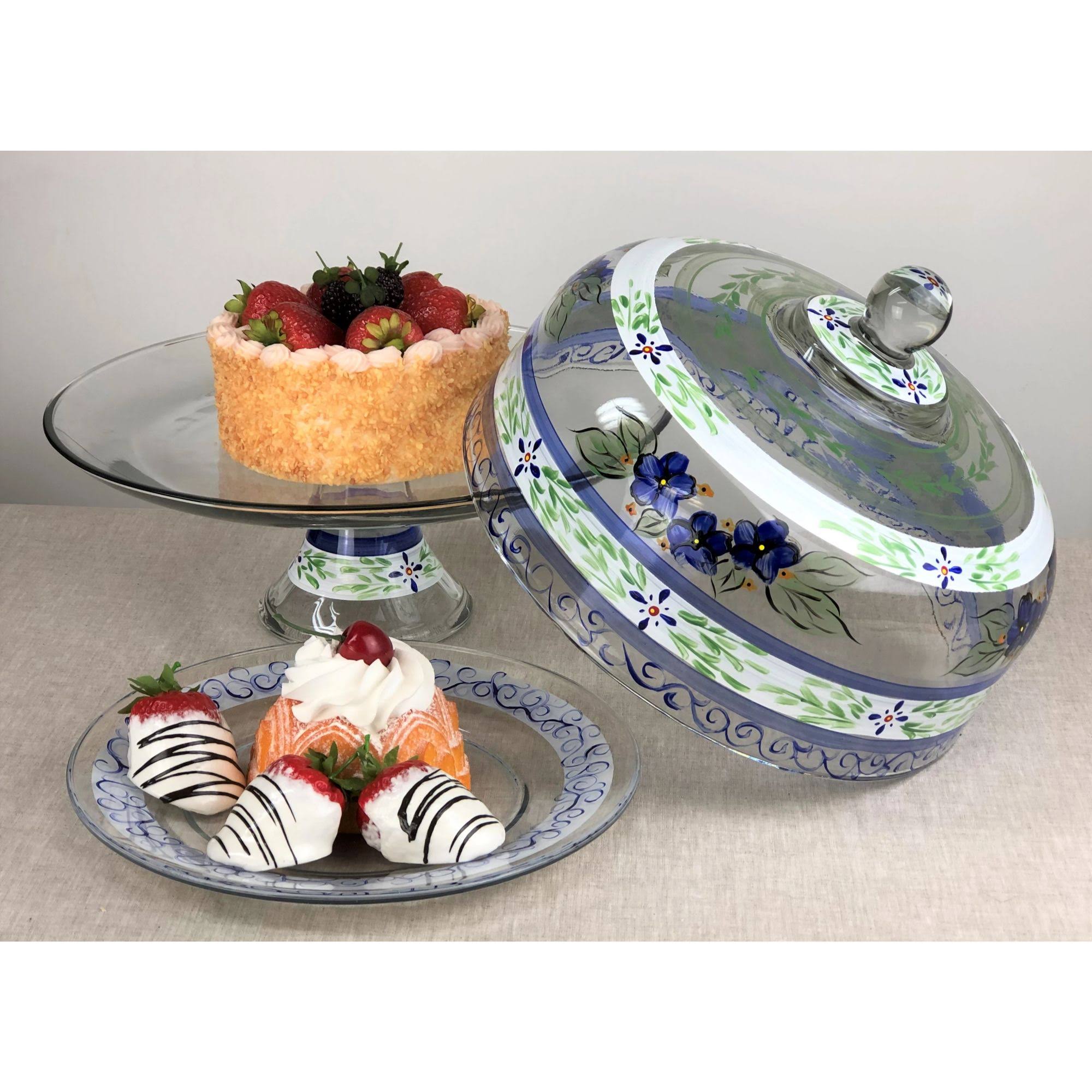 Blue Floral Hand Painted Glass Large Convertible Cake Dome 11x22
