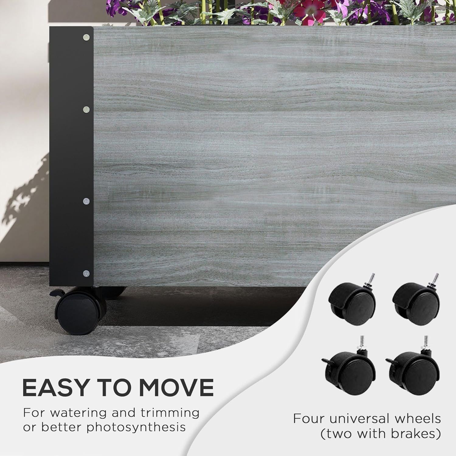 Raised Garden Bed with Trellis, 58" Outdoor Wooden Planter Box with Wheels, for Vine Plants Flowers Climbing and Planting, Gray