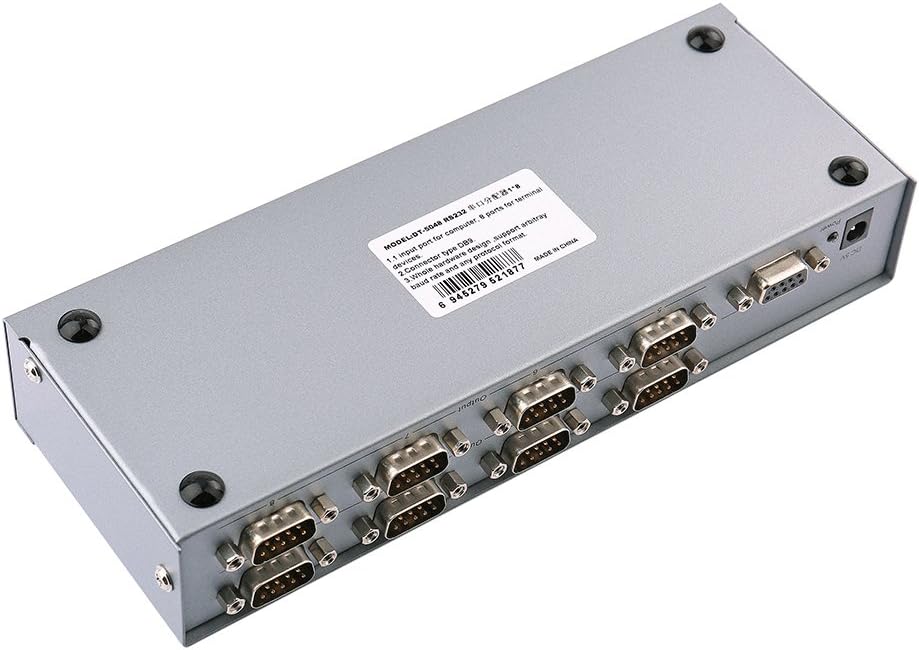 DTECH Industrial 8 Port RS232 Serial Splitter Switch Box with Power Adapter for Sharing PCs and Capture Data - COM Port Expander 1x8