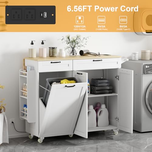 Rolling Kitchen Island with Power Outlet & Drop Leaf, Kitchen Island Cart with Trash Storage Cabinet,Kitchen Rolling Island with Spice Rack & Towel Rack, Knife Holder, Mobile Island Table for Kitchen