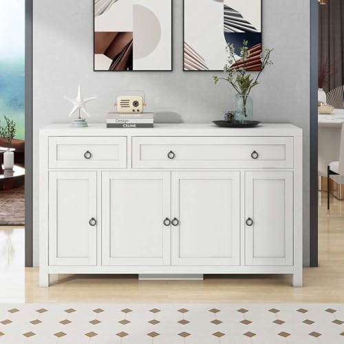 Sideboard Buffet Storage Cabinet, Modern Credenza Buffet Table Accent Cabinet with Flip Door 1 Drawer, 4 Adjustable Shelf, Console Coffee Bar Cabinet for Kitchen Entryway Living (Antique White)