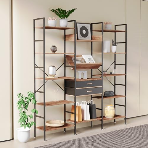 5 Tier Bookshelf with Shelves Triple Wide Bookcase with 14 Open Display Shelves Industrial Book Shelf Book Case Modern Tall Bookcases Furniture for Bedroom, Home, Office, Living Room