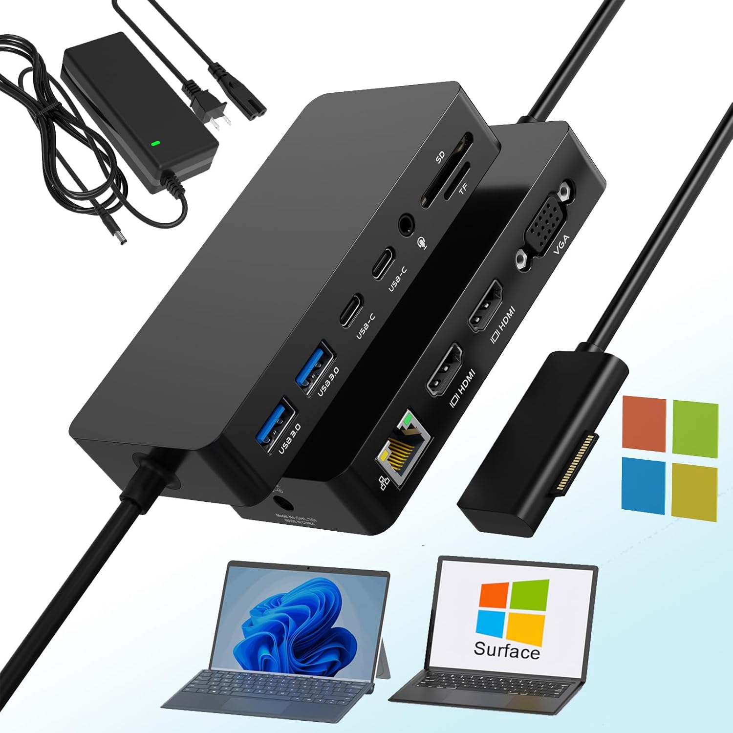 Microsoft Surface Pro Docking Station Triple Display Dual HDMI+VGA,12 in 1 Surface Dock with Ethernet SD/TF Audio 4*USB, Dock for Surface pro 10/9/8/X/7/6/5/4, Surface Laptop 6/5/4/3/2, Surface Book