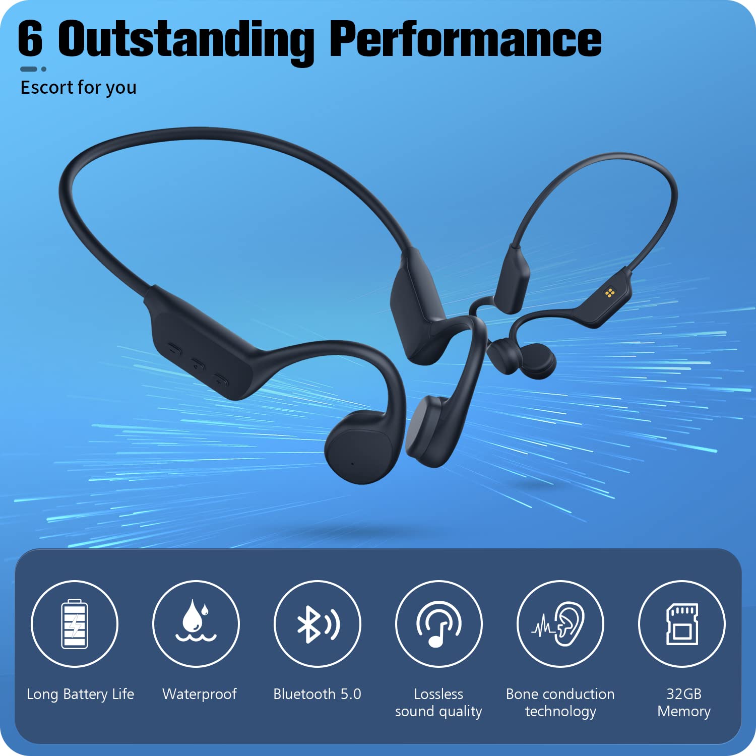 Bone Conduction Headphones, Wireless Bluetooth 5.0 Open Ear Headphones Built-in 32G Memory IP68 Waterproof Sports Headphones for Workout, Running, Hiking, Cycling, Swimming and More Activities