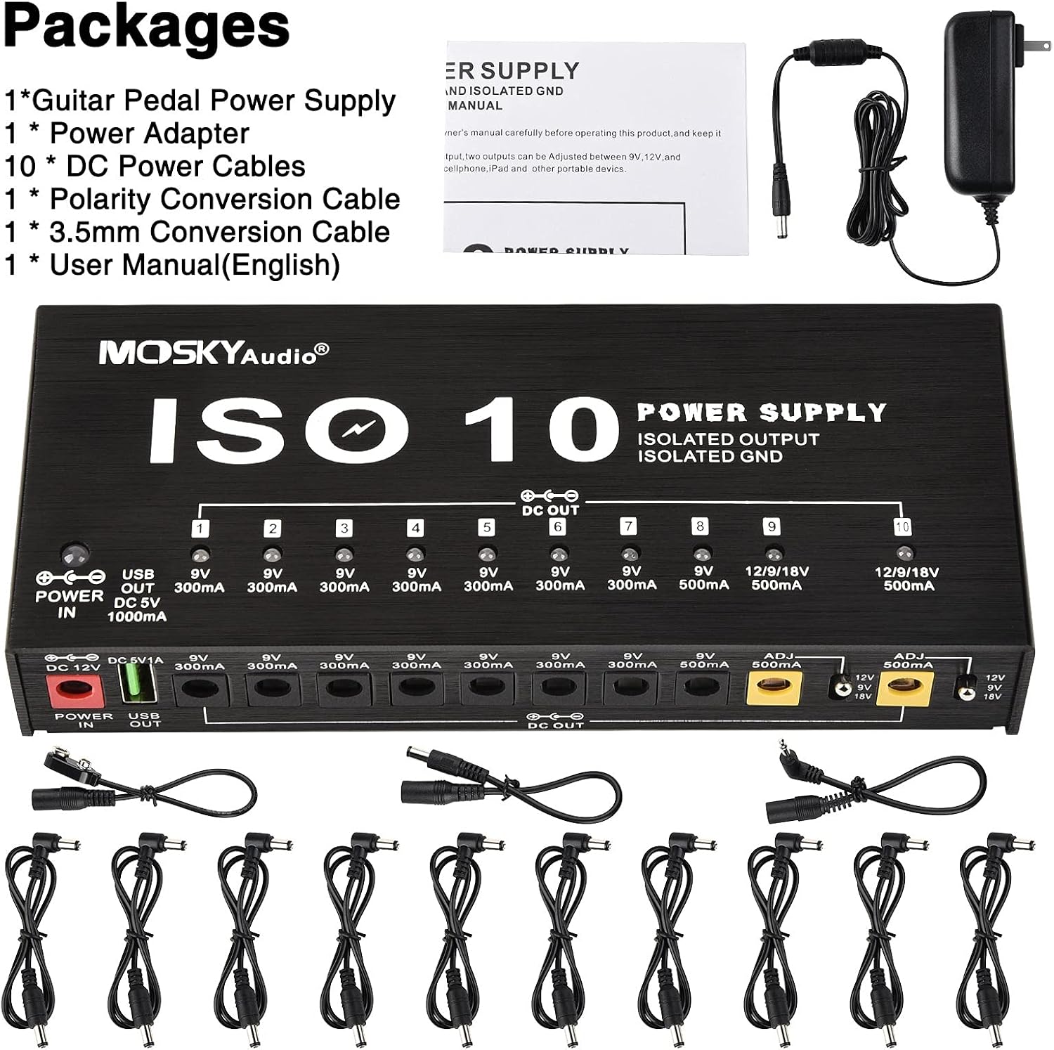 CAMOLA Mosky Guitar Pedal Power Supply 10 Isolated DC Output 9V 12V 18V 300mA 500mA Guitar Effects Pedal Board Power Supply with Short Circuit/Overcurrent Protection, 5V/1A USB Port