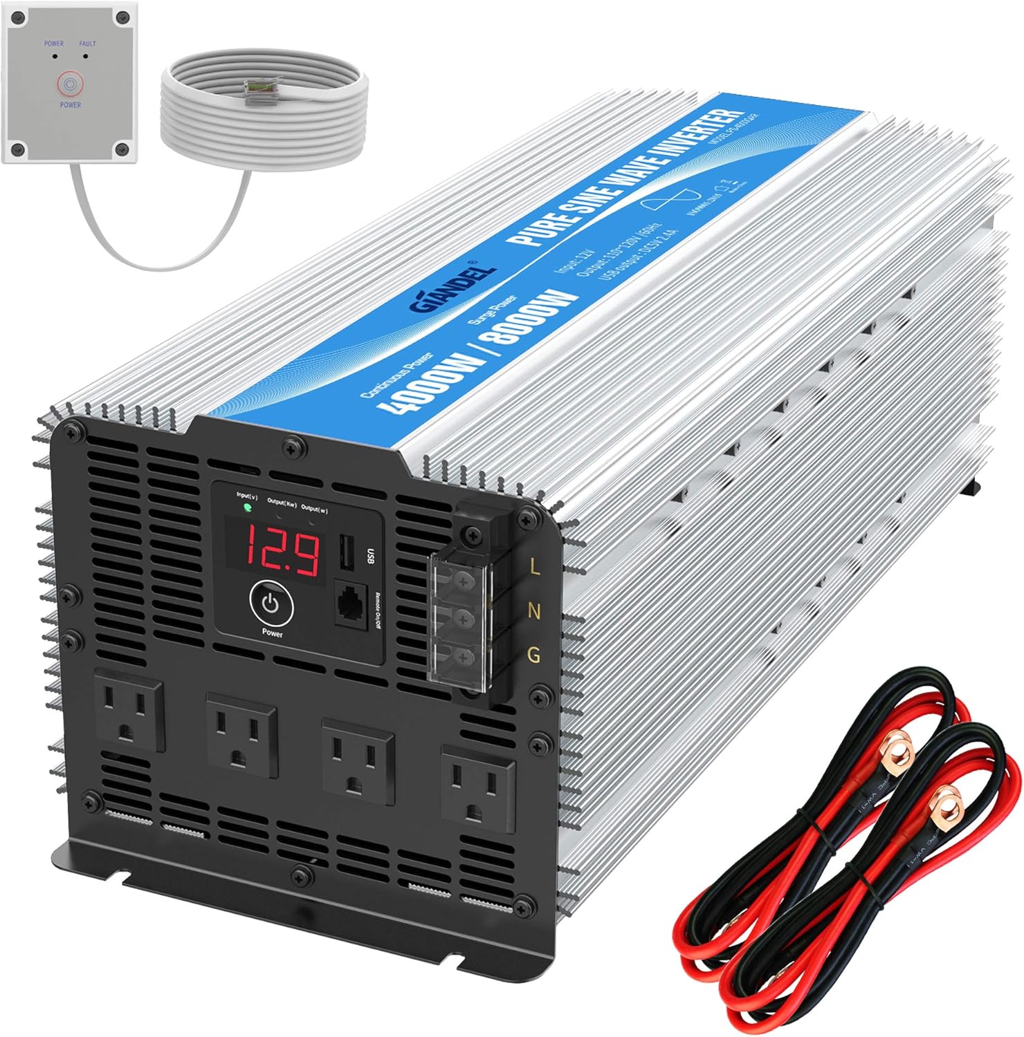 GIANDEL 2200W Pure Sine Wave Power Inverter 12V DC to 110V 120V AC with 20A Solar Charge Control and Remote Control&LED Display and Dual AC Outlets &1x2.4A USB Port for RV Truck Car Solar System