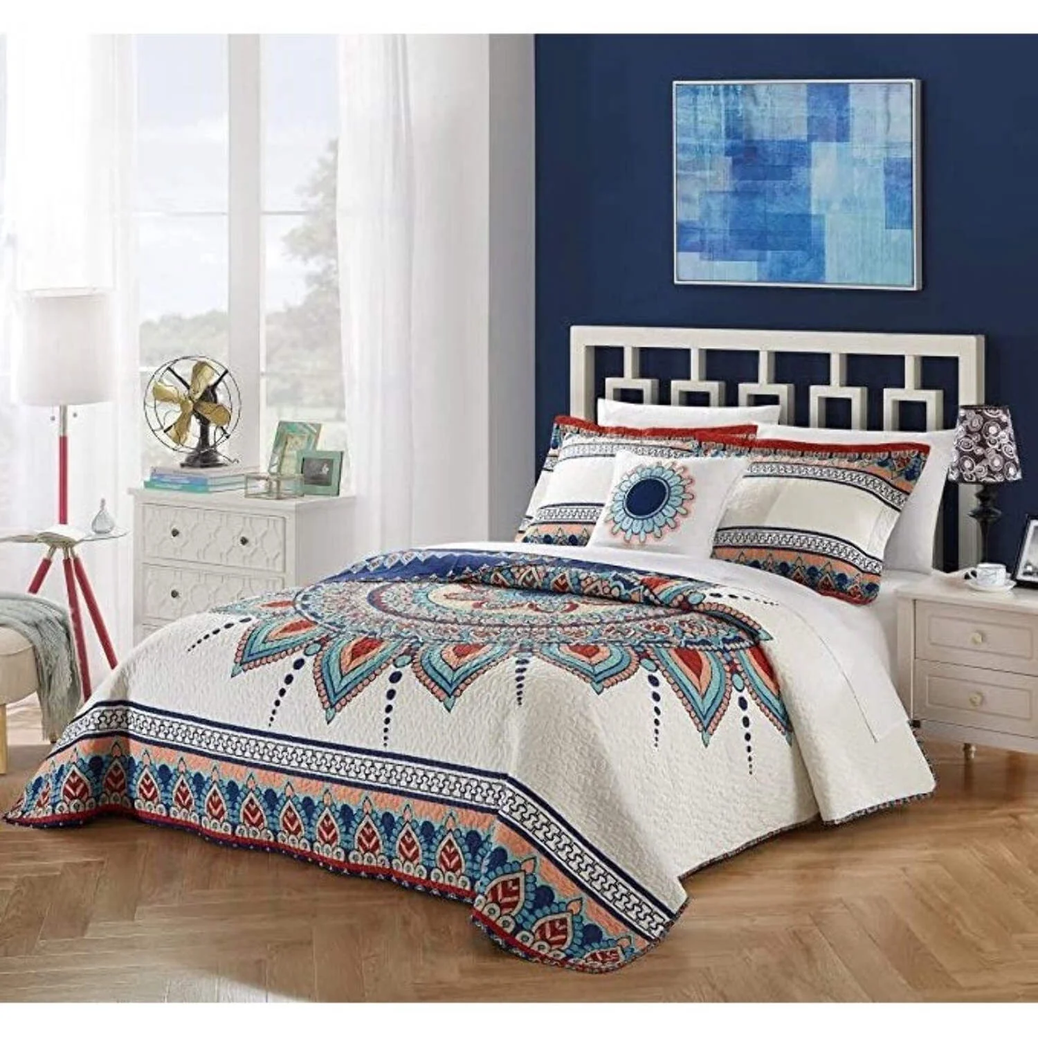 Queen size 4 Piece Cotton Blue White Boho Geometric Reversible Quilt Set