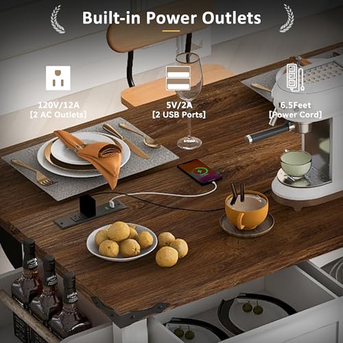 Amposei Farmhouse Kitchen Island on Wheels with Drop Leaf & Power Outlet, 53.7-Inch Rolling Storage Island Cart with Drawers, Sliding Barn Door Cabinets, Spice Rack (Retro White)