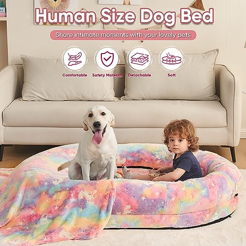 Human Dog Bed,72"x48"x10" Large Gaint Shared Bed for Adult - Flufelbed Standard Cloud Bed for Humans and Dogs - Nap Bed Bean Bag Bed Faux Fur Fluffy Orthopedic Pet Sleeping Bed(Large,Black)