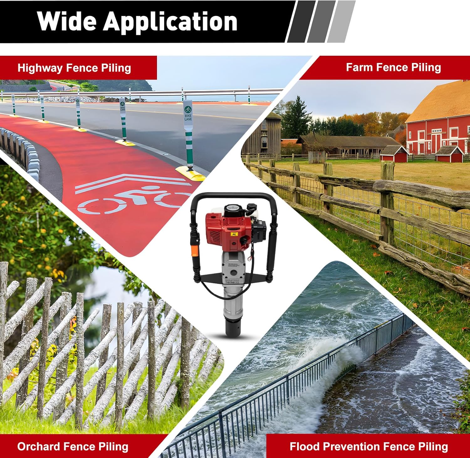 52CC 2 Stroke Powered T Post Driver,Gas-Powered T Post Driver Fence Post Pounder Driver, Heavy-duty Piling Fence/Pile Driver with 2 Post Driving Head (Speed 8500r/min)
