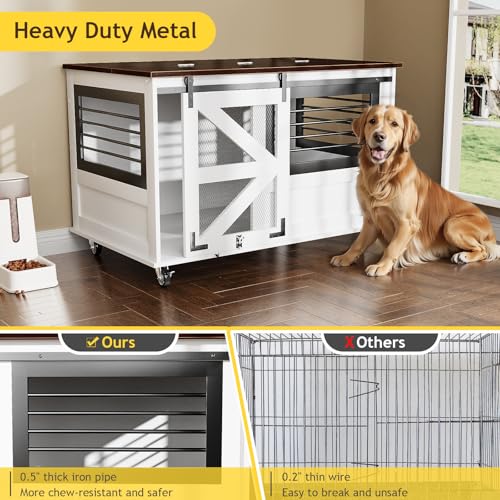48'' Dog Crate Furniture with Removable Divider & Storage Drawers, Wooden Double Dog Cage TV Stand with 2 Sliding Barn Doors, Multi-Functional Dog Crate End Table for Indoor use (White)