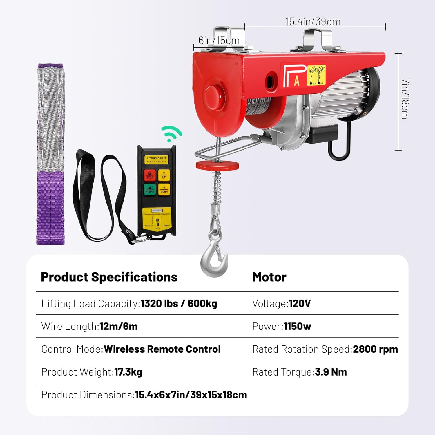 1320LBS Electric Hoist, 120V Electric Hoist with Wireless Remote Control, Single/Double Sling Electric Winch, Electric Hoist Winch, for Lifting in Factories, Warehouses, Buildings