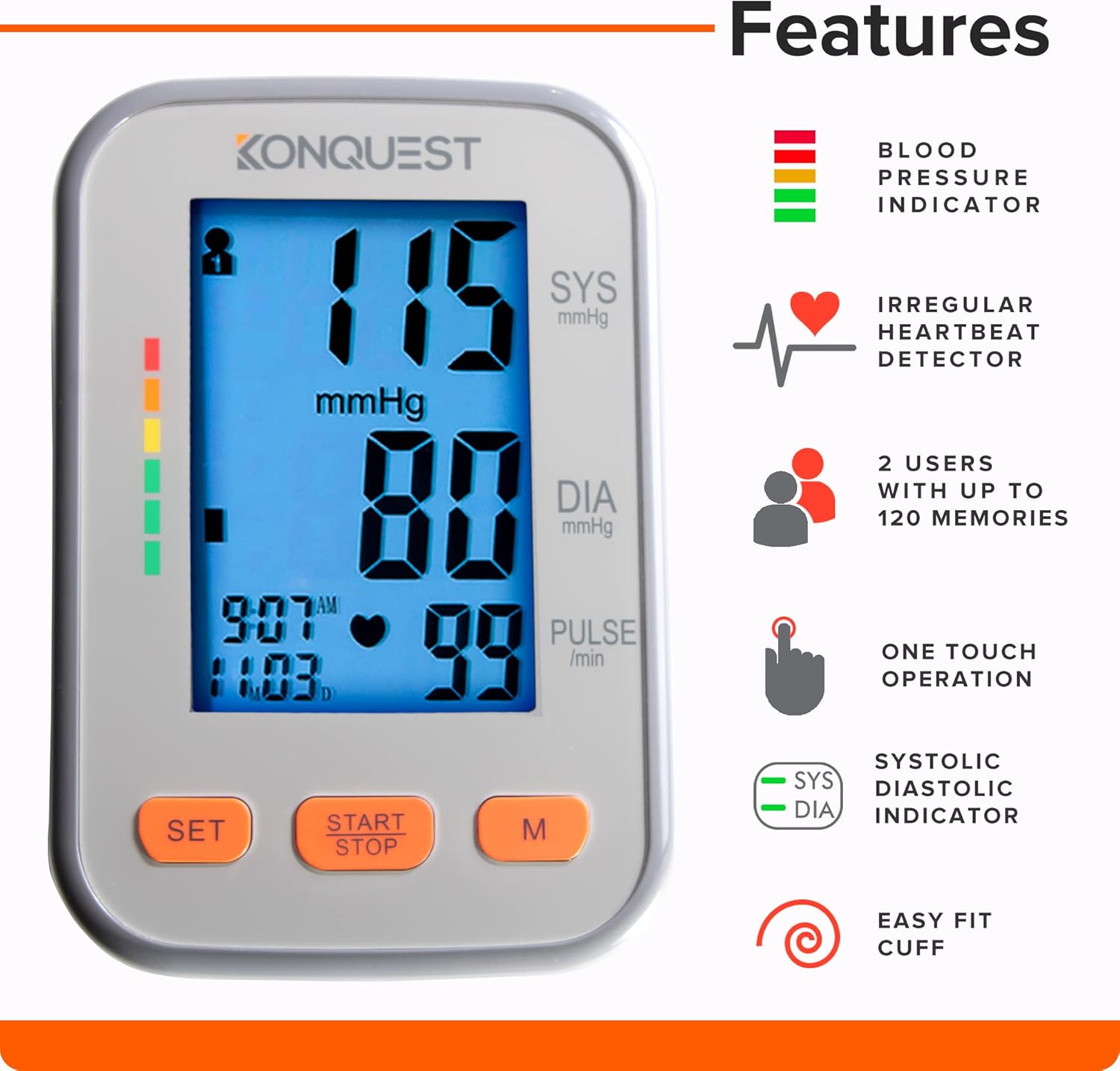 Konquest KBP-2704A Automatic Upper Arm Blood Pressure Monitor - Adjustable Cuff - Large Backlit Display - Irregular Heartbeat & Hypertension Detector - Tensiometro Digital