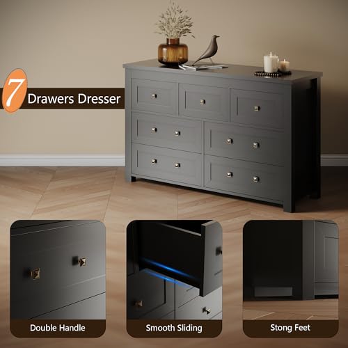 7 Drawer Dresser for Bedroom, Farmhouse Wood Chest of Drawers, Wide TV Stand Closet Storage Furniture with Metal Handle, Modern Wooden Clothes Organizer for Hallway, Living Room, Entryway, Black