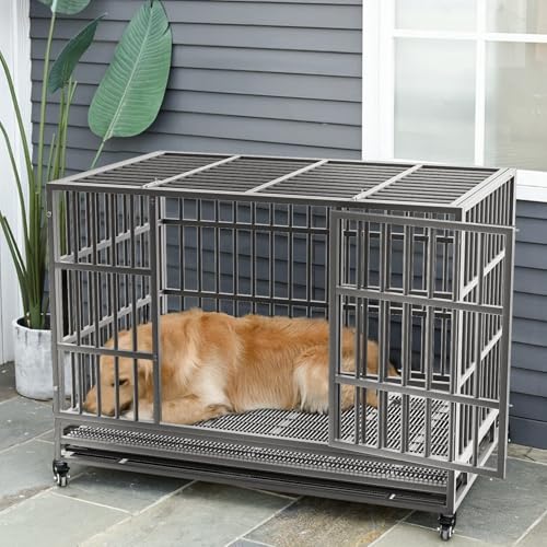 LEMBERI 48/38 inch Heavy Duty Indestructible Dog Crate, Escape Proof Dogs Cage Kennel with Lockable Wheels,High Anxiety Double Door Kennel,Extra Large Crate Indoor for Large Dog with Removable Tray