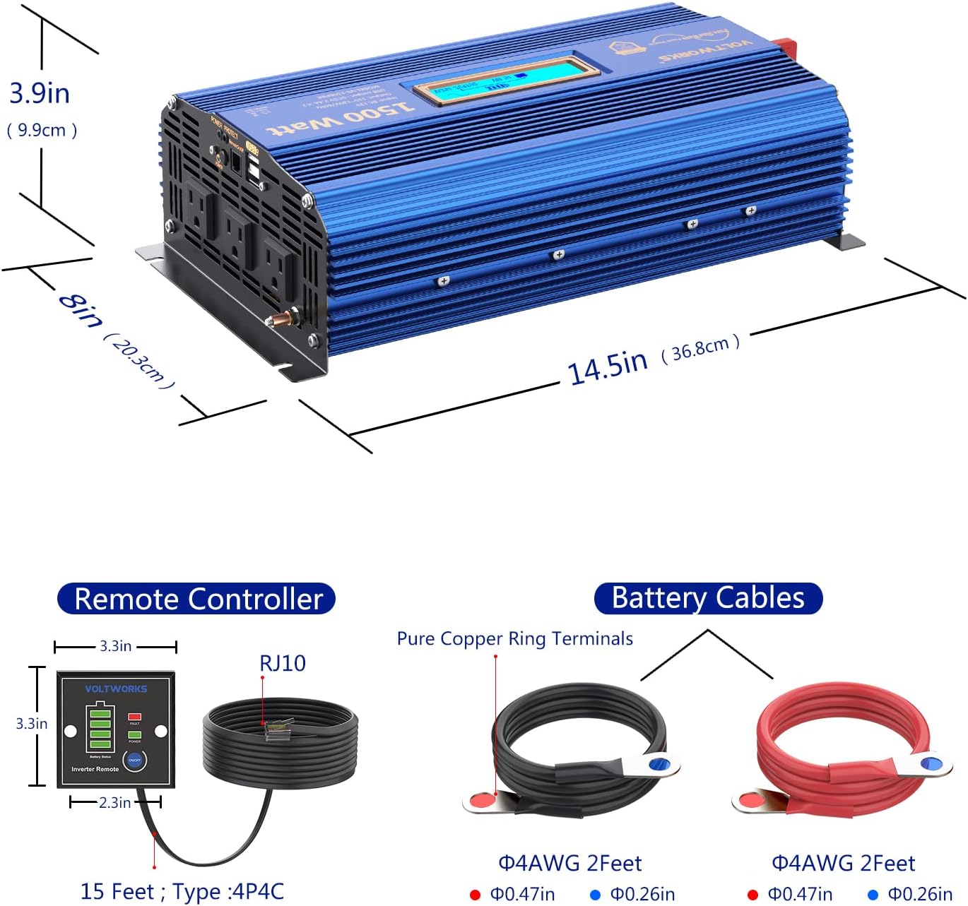 VOLTWORKS 600 Watts Pure Sine Wave Power Inverter 600w DC 12V to AC 110V 120V with Dual 2.4A USB Port & LCD Display Two AC Outlets for Car Truck RV