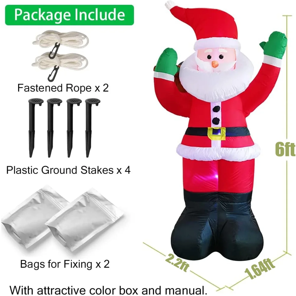 6Ft Christmas Inflatable Santa Claus with Gift Bag, LED Lights, Indoor/Outdoor Xmas Decoration, Yard Lawn Garden Xmas Party Prop Decor