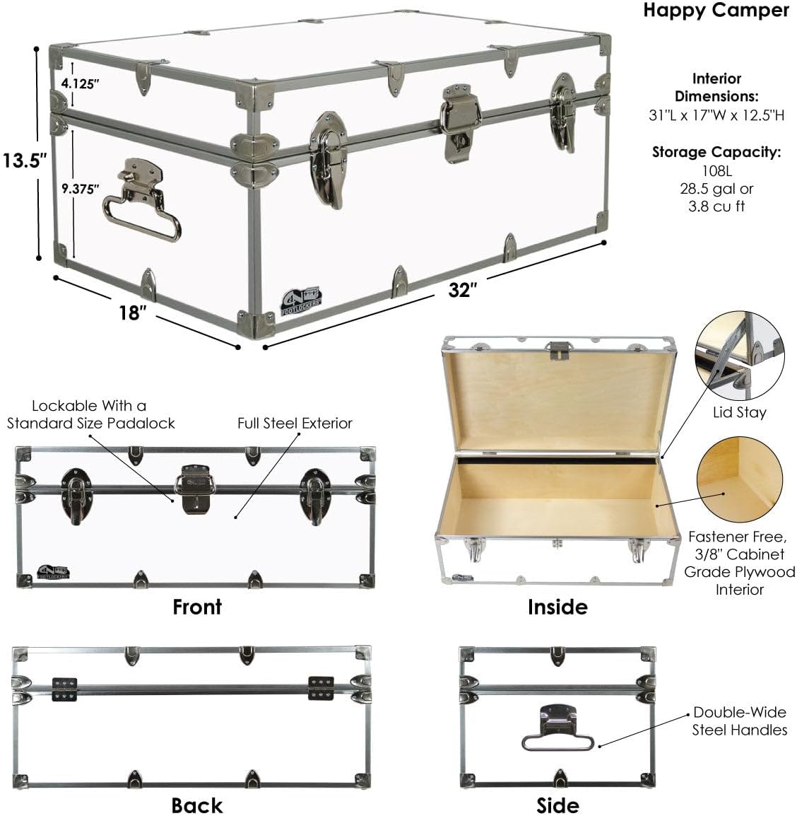 C&N Footlockers - Full-Size Happy Camper Trunk w/Black Trim - #1 Summer Camp Trunk - Made in the USA - Steel Footlocker with Lid Stay - 32 x 18 x 13.5 Inches (Light Blue)