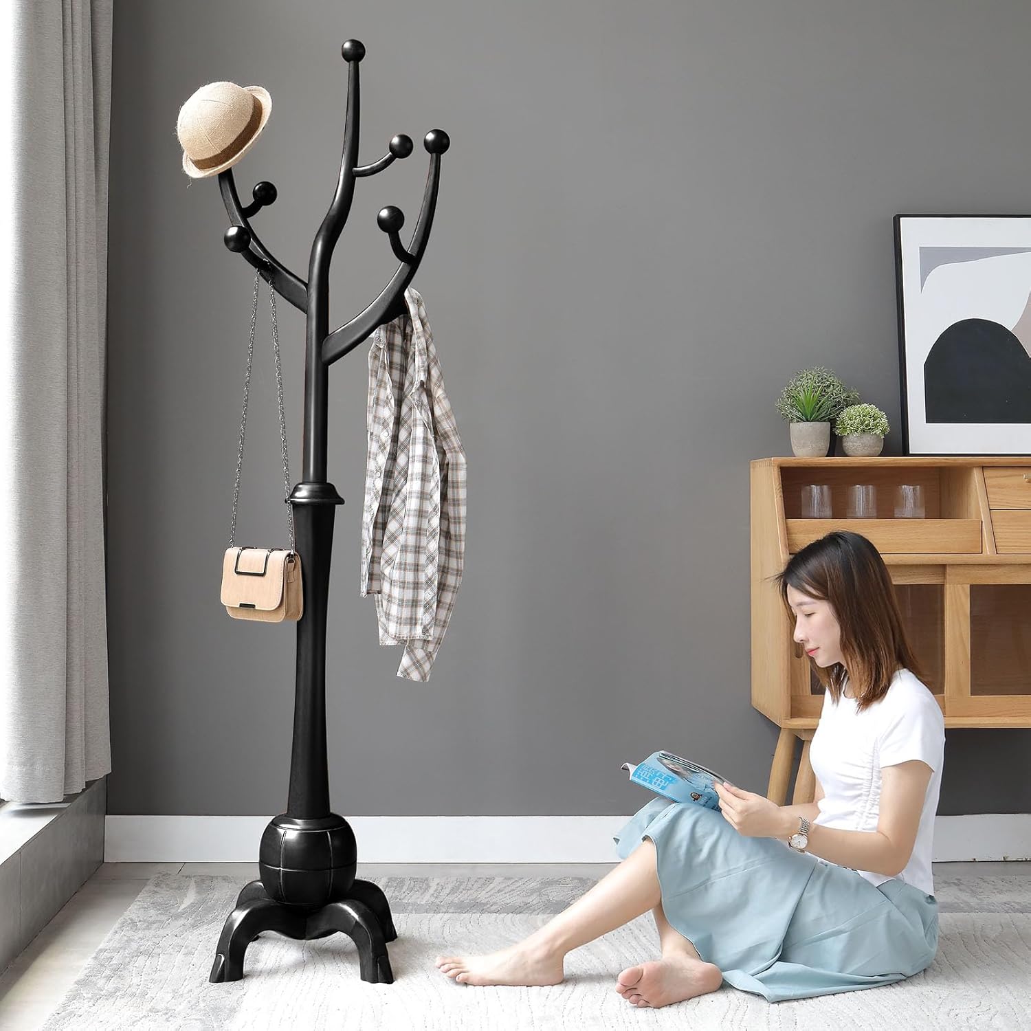 Heavy Duty Coat Rack Freestanding Wood Tree Rack with 8 Hooks, Unique Design Tree Branch-look, Premium Coat Tree Clothes Hanger Stand with Sphere Base for Entryway, Hallway, Bedroom-Load 160lbs Black