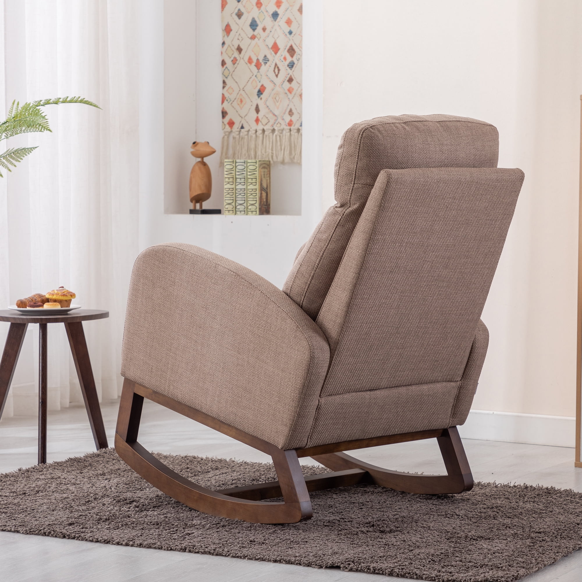 SYNGAR Modern Accent Rocking Chair, Upholstered Nursery Glider Rocker for Baby and Kids, Comfy Armchair with Side Pocket, Living Room Lounge Arm Chair, High Backrest with Wood Curved Base, Camel