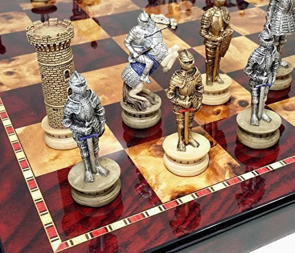 Medieval Times Crusades Gold &Silver Armored Knights Chess Set W/ 18 High Gloss Cherry &Burlwood Color Board