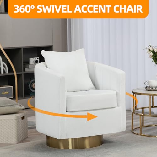 Barrel Accent Chairs Set of 2, Modern 360 Degree Swivel Armchair with Waist Pillow for Living Room, Comfy Upholstered Teddy Fabric Club Chair for Bedroom, White